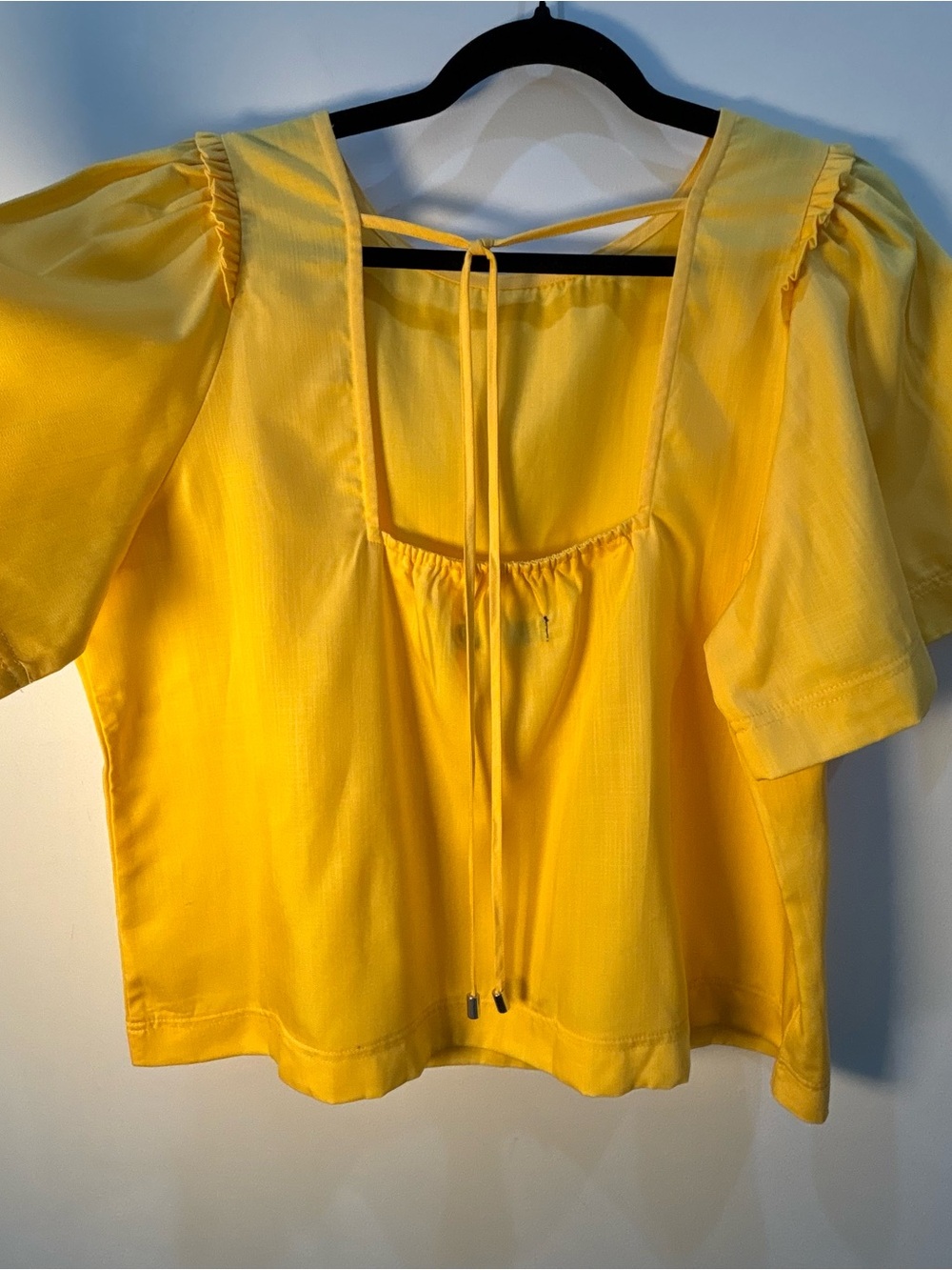 New York & Company Blouse XL Yellow Puff Sleeve Lyocell Cottagecore Tie Back Top - Picture 4 of 11